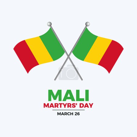 Mali Martyrs' Day poster vector illustration. Two crossed Mali flags on a pole icon vector. Malian Flag design element. Template for background, banner, card. March 26. Important day