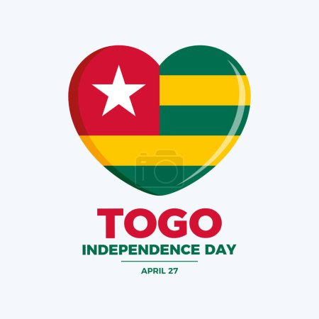 Illustration vectorielle de l'affiche de la fête de l'indépendance du Togo. Drapeau du Togo en forme de coeur icône vecteur. Symbole du drapeau togolais. Modèle pour fond, bannière, carte. Le 27 avril chaque année. Jour important