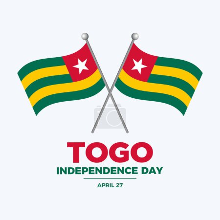 Illustration vectorielle de l'affiche de la fête de l'indépendance du Togo. Deux drapeaux togolais croisés sur un vecteur d'icônes de pôle. Le symbole du drapeau togolais. Modèle pour fond, bannière, carte. Le 27 avril chaque année. Jour important