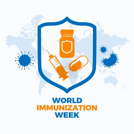 World Immunization Week poster vector illustration. Shield, vaccine vial, injection syringe icon vector. Template for background, banner, card. Each April. Important day