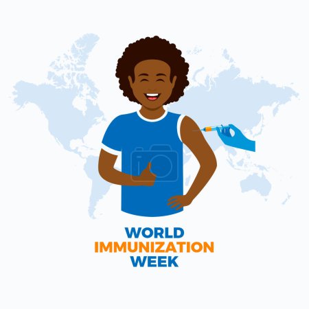 World Immunization Week poster vector illustration. Happy african american man during vaccine injection vector. Young man getting vaccine shot cartoon. Template for background, banner, card. Each April. Important day