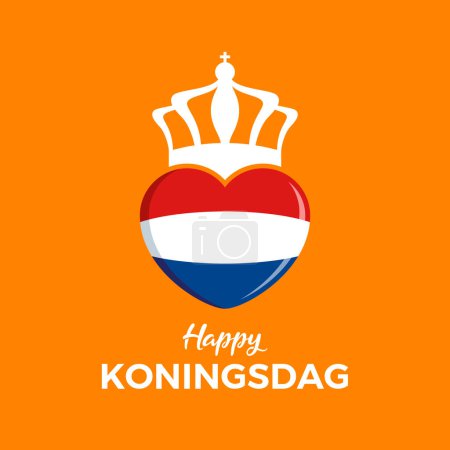 Téléchargez les illustrations : Happy Koningsdag Roi 's Day affiche vectorielle illustration. Drapeau Pays-Bas en forme de coeur vecteur. Couronne royale avec icône du drapeau néerlandais. Modèle pour fond, bannière, carte. Le 27 avril. Jour important - en licence libre de droit