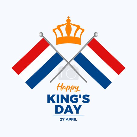 Téléchargez les illustrations : Happy King's Day Koningsdag affiche vectorielle.Deux drapeaux néerlandais croisés sur un vecteur icône pôle. Couronne royale et drapeau néerlandais. Modèle pour fond, bannière, carte. Le 27 avril. Jour important - en licence libre de droit