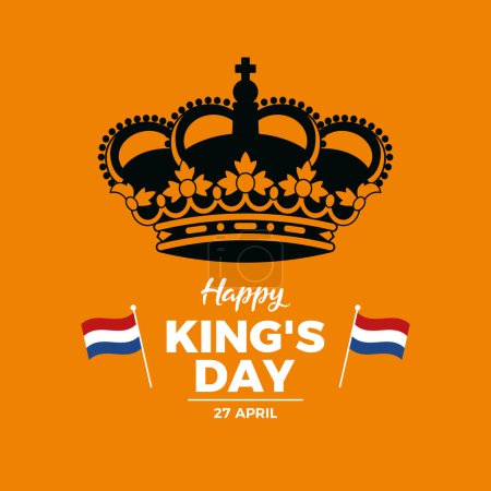 Téléchargez les illustrations : Happy King's Day Koningsdag affiche vectorielle illustration. Couronne royale isolée sur fond orange. Symbole du drapeau néerlandais. Modèle pour fond, bannière, carte. Le 27 avril. Jour important - en licence libre de droit