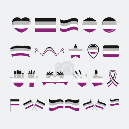 Asexuality pride flag and symbols many icon set vector. Asexuality pride flag graphic design element isolated on a gray background. Asexual icons in flat style
