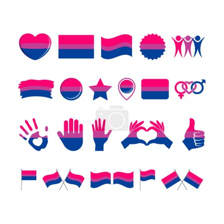 Illustration for Bisexual Pride Flag and symbols many icon set vector. Bisexual pride flag graphic design element isolated on a white background. Bisexual icons in flat style - Royalty Free Image