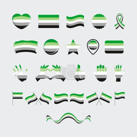 Aromantic Pride Flag and symbols many icon set vector. Aromantic pride flag graphic design element isolated on a gray background. Aromantic icons in flat style