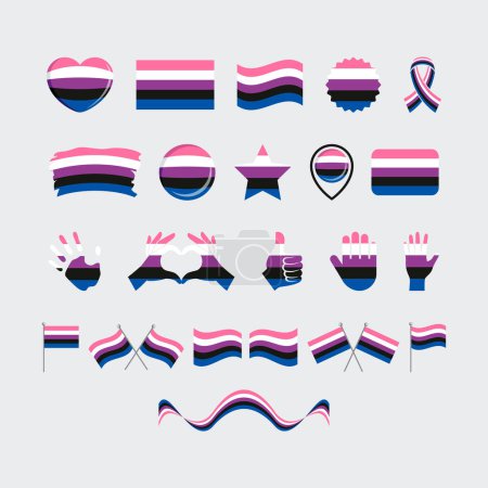 Genderfluid Pride Bandera y símbolos muchos icono conjunto vector. Elemento de diseño gráfico de bandera de orgullo de género aislado sobre un fondo gris. Género iconos fluidos en estilo plano
