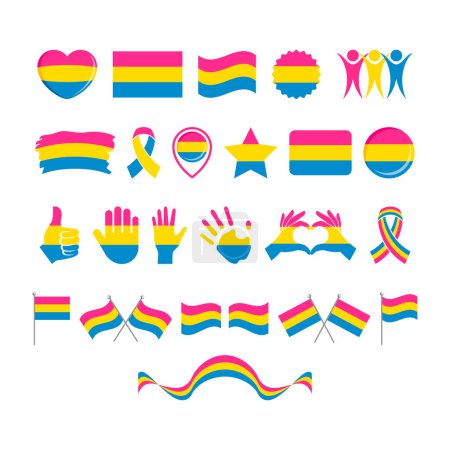 Pansexual Pride Drapeau et symboles de nombreux vecteur de jeu d'icônes. Pansexual pride drapeau élément de conception graphique isolé sur un fond blanc. Icônes pansexuelles dans un style plat