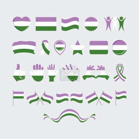 Genderqueer Pride Bandera y símbolos muchos icono conjunto vector. Elemento de diseño gráfico de bandera de orgullo género aislado sobre un fondo gris. Iconos de género en estilo plano