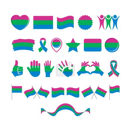 Polysexual Pride Drapeau et symboles de nombreux vecteur jeu d'icônes. Drapeau de fierté polysexuelle élément graphique isolé sur un fond blanc. Icônes polysexuelles en style plat