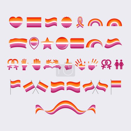 Ilustración de Lesbian Pride Bandera y símbolos muchos icono conjunto de vectores. Elemento de diseño gráfico bandera orgullo lésbico aislado sobre un fondo gris. Iconos lésbicos en estilo plano - Imagen libre de derechos