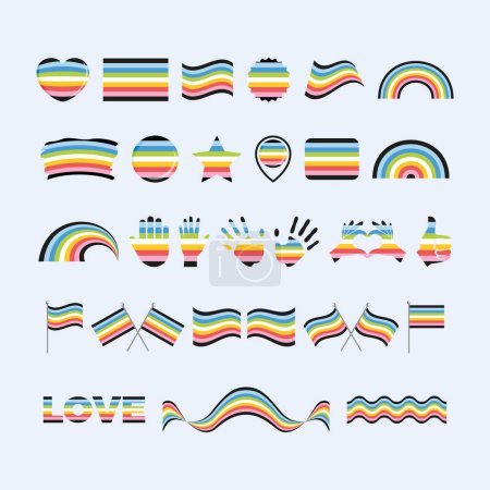 Queer Pride Bandera y símbolos muchos icono conjunto de vectores. Elemento de diseño gráfico Queer pride flag aislado sobre un fondo gris. Iconos de Queer en estilo plano