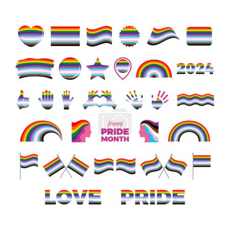 LGBTQIA Stolz Flagge und Symbole viele Symbole gesetzt Vektor. LGBTQIA Pride Month kennzeichnet Grafikdesign-Element isoliert auf weißem Hintergrund. Vorlage für Hintergrund, Banner, Karte. Monat des lesbischen, schwulen, bisexuellen, transsexuellen und queeren Stolzes