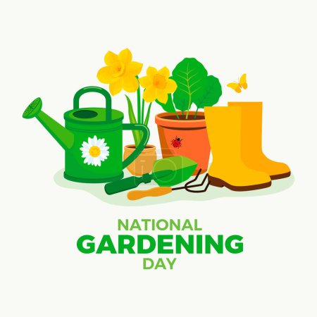 National Gardening Day poster vector illustration. Garden watering can, shovel, flowerpot with plant, rubber boots icons. Garden tools icon set vector. Template for background, banner, card. Important day