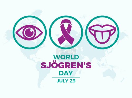 Illustration vectorielle de l'affiche de la Journée mondiale de Sjogren. Ruban de sensibilisation violet, oeil, icône de la langue ensemble vecteur. Modèle pour fond, bannière, carte. Le 23 juillet chaque année. Jour important
