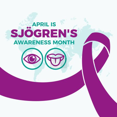 April est l'illustration vectorielle de l'affiche du Mois de la sensibilisation de Sjogren. Ruban de sensibilisation violet, oeil, icône de la langue ensemble vecteur. Modèle pour fond, bannière, carte. Jour important