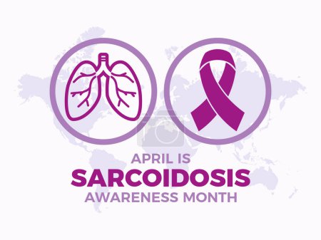 April is Sarcoidosis Awareness Month poster vector illustration. Purple awareness ribbon and human lungs icon vector. Template for background, banner, card. Important day