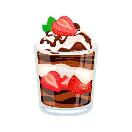Chocolate Strawberry Parfait vector illustration. Delicious layered chocolate creamy dessert in a glass icon vector isolated on a white background. Strawberry chocolate cake in a jar drawing