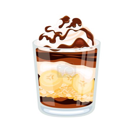 Chocolate Banana Parfait with granola vector illustration. Delicious layered chocolate creamy dessert in a glass icon isolated on a white background. Banana chocolate cake in a jar drawing