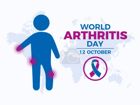 Illustration vectorielle d'affiche de la Journée mondiale de l'arthrite. Personne avec symbole de douleur articulaire. Ruban de sensibilisation violet bleu icône. Modèle pour fond, bannière, carte. Le 12 octobre chaque année. Jour important