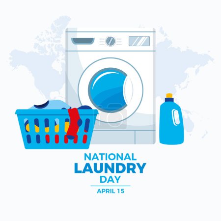 Illustration for National Laundry Day poster vector illustration. Washing machine, laundry basket and washing powder icon set vector. Template for background, banner, card. April 15 every year. Important day - Royalty Free Image