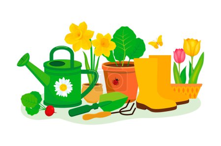 Gardening equipment and tools still life vector illustration. Garden watering can, flowers, shovel, flowerpot with plant, wellies rubber boots icon set isolated on a white background. Garden tools drawing