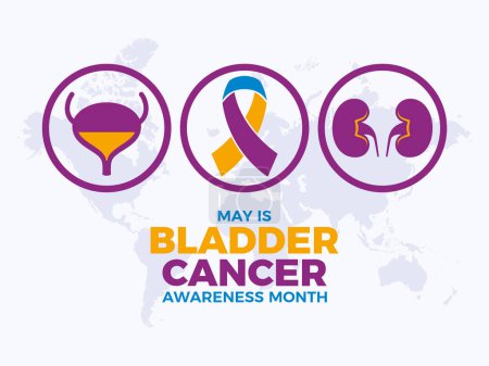 May is Bladder Cancer Awareness Month poster vector illustration. Yellow, purple and blue cancer awareness ribbon symbol. Urinary bladder and kidney icon set. Template for background, banner, card. Important day