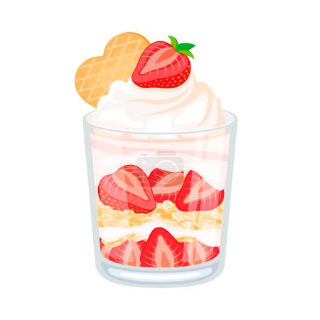 Strawberry Parfait with yogurt and granola vector illustration. Delicious layered fruit creamy dessert in a glass icon isolated on a white background. Oat flakes with strawberries in a glass vector