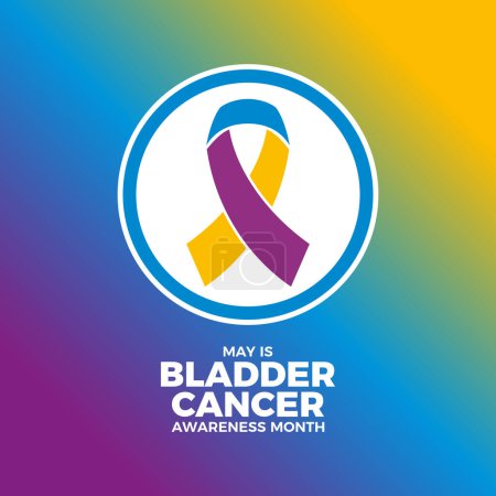 Der Mai ist der Monat des Bewusstseins für Blasenkrebs. Gelbes, violettes und blaues Krebsinformationsband in einem Kreis. Vorlage für Hintergrund, Banner, Karte. Wichtiger Tag