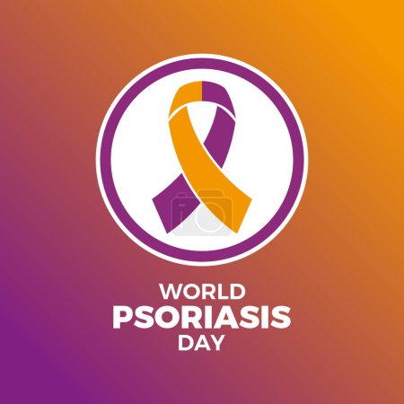 Illustration vectorielle d'affiche de la Journée mondiale du psoriasis. Icône de ruban de sensibilisation aux couleurs pourpre et orange en cercle. Modèle pour fond, bannière, carte. Le 29 octobre chaque année. Jour important