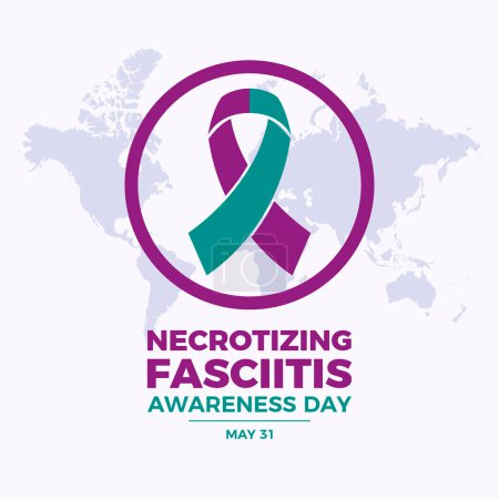 Necrotizing Fasciitis Awareness Day poster vector illustration. Teal, purple awareness ribbon icon in a circle. Template for background, banner, card. May 31 every year. Important day