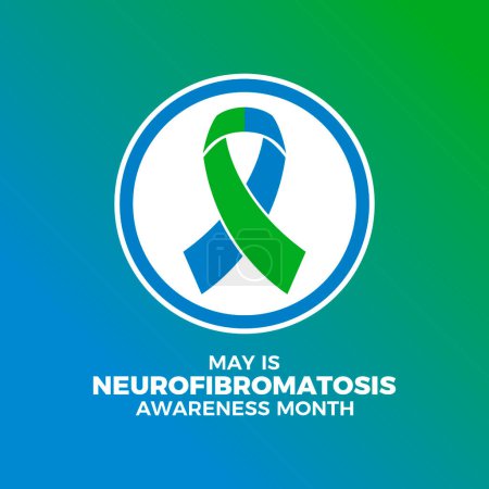 Der Mai ist der Monat des Bewusstseins für Neurofibromatose. Blaues und grünes Bewusstseinsband-Symbol im Kreis. Vorlage für Hintergrund, Banner, Karte. Wichtiger Tag
