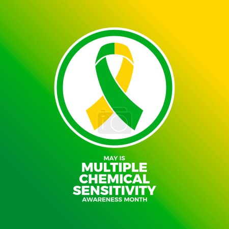 Mai ist Multiple Chemical Sensitivity Awareness Month Plakatvektorillustration. Grünes und gelbes Bewusstseinsband-Symbol im Kreis. Vorlage für Hintergrund, Banner, Karte. Wichtiger Tag