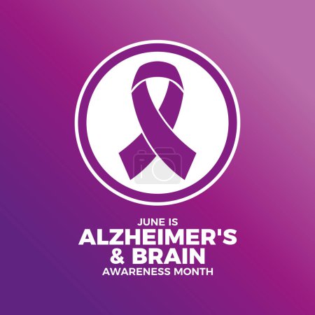 Illustration for June is Alzheimer's & Brain Awareness Month poster vector illustration. Purple awareness ribbon icon in a circle. Template for background, banner, card. Important day - Royalty Free Image