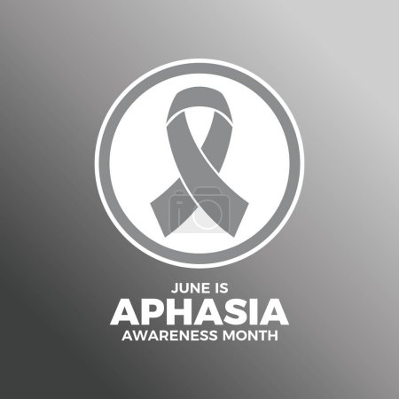 Junio es Aphasia Awareness Month poster vector illustration. Icono de cinta de conciencia gris en un círculo. Plantilla para fondo, banner, tarjeta. Día importante