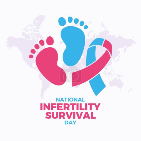 National Infertility Survival Day poster vector illustration (en inglés). Cinta rosa de conciencia azul y vector de icono de huella de bebé. Plantilla para fondo, banner, tarjeta. En mayo. Día importante