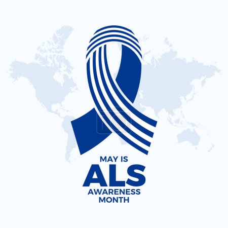 Mayo es la ilustración del vector de póster del Mes de Concientización de ALS. Blanco y azul rayas conciencia cinta icono vector. Esclerosis lateral amiotrófica. Plantilla para fondo, banner, tarjeta. Día importante
