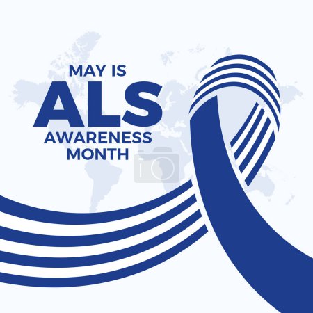 May is ALS Awareness Month poster vector illustration. White and blue pinstripes awareness ribbon icon vector. Amyotrophic lateral sclerosis symbol. Template for background, banner, card. Important day