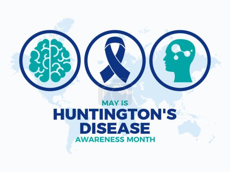 Illustration for May is Huntington's Disease Awareness Month poster vector illustration. Dark blue awareness ribbon icon vector. Neurodegenerative disease symbol. Template for background, banner, card. Important day - Royalty Free Image
