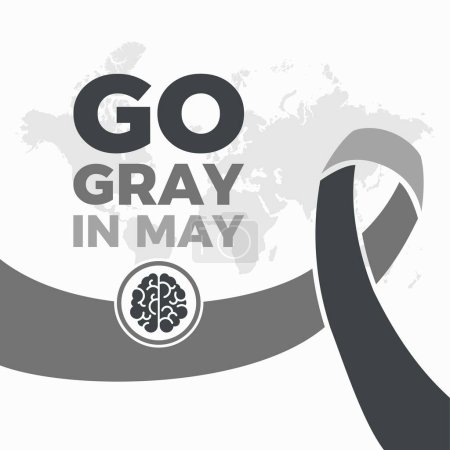 Go gray in May poster vector illustration. May is Brain Tumor Awareness Month. Grey cancer awareness ribbon and human brain icon vector. Template for background, banner, card. Important day