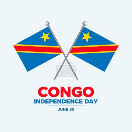 Téléchargez les illustrations : Illustration vectorielle de l'affiche du Jour de l'indépendance du Congo. Deux drapeaux congolais croisés sur une icône de poteau. Drapeau de la République démocratique du Congo symbole. Modèle pour fond, bannière, carte. 30 juin - en licence libre de droit