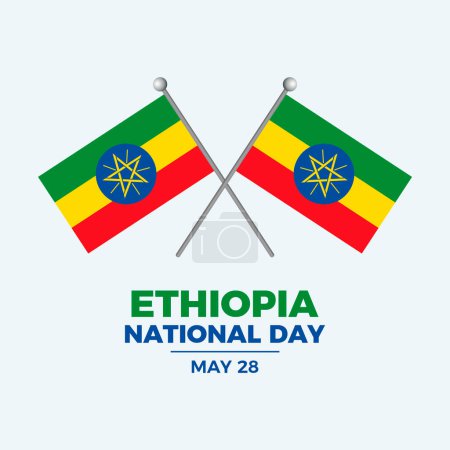 Día Nacional de Etiopía cartel vector ilustración. Dos banderas etíopes cruzadas en un vector de ícono de polo. Bandera de Etiopía símbolo. Plantilla para fondo, banner, tarjeta. 28 de mayo cada año. Día importante