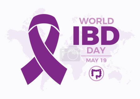 Illustration vectorielle de l'affiche de la Journée mondiale IBD. Ruban de sensibilisation violet symbole. Modèle pour fond, bannière, carte. Journée mondiale des maladies inflammatoires de l'intestin le 19 mai de chaque année. Jour important
