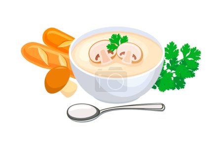 Crema de hongo sopa vector ilustración. Bowl of mushroom soup icon set vector aislado sobre un fondo blanco. Crema de champiñón, champiñón, perejil y baguette dibujo