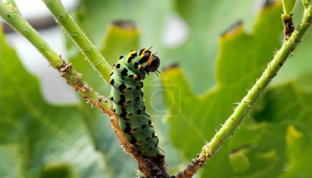 Photo for Green caterpillar hungry for leaf on tree branch - Royalty Free Image
