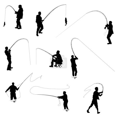 Ilustración de The Set of Fishermen Silhouettes Isolated on the white background - Imagen libre de derechos