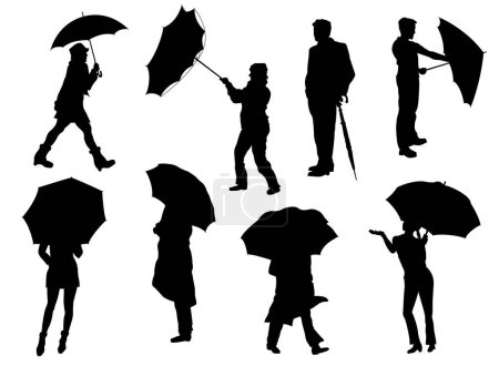 Foto de Siluetas de la gente con un paraguas aislado sobre el fondo blanco - Imagen libre de derechos