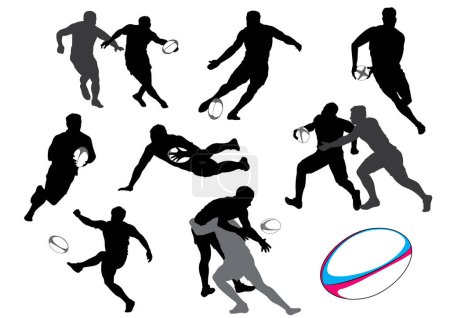 Téléchargez les illustrations : L'ensemble des silhouettes du joueur de rugby sur fond blanc - en licence libre de droit