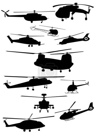 Conjunto de Siluetas Helicóptero aisladas sobre fondo blanco